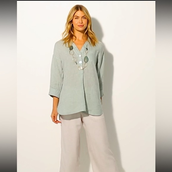 NWT J.Jill Pure Jill 100% Linen 3 Button Front Tunic Blouse Sage Green Sz MP - Picture 2 of 14